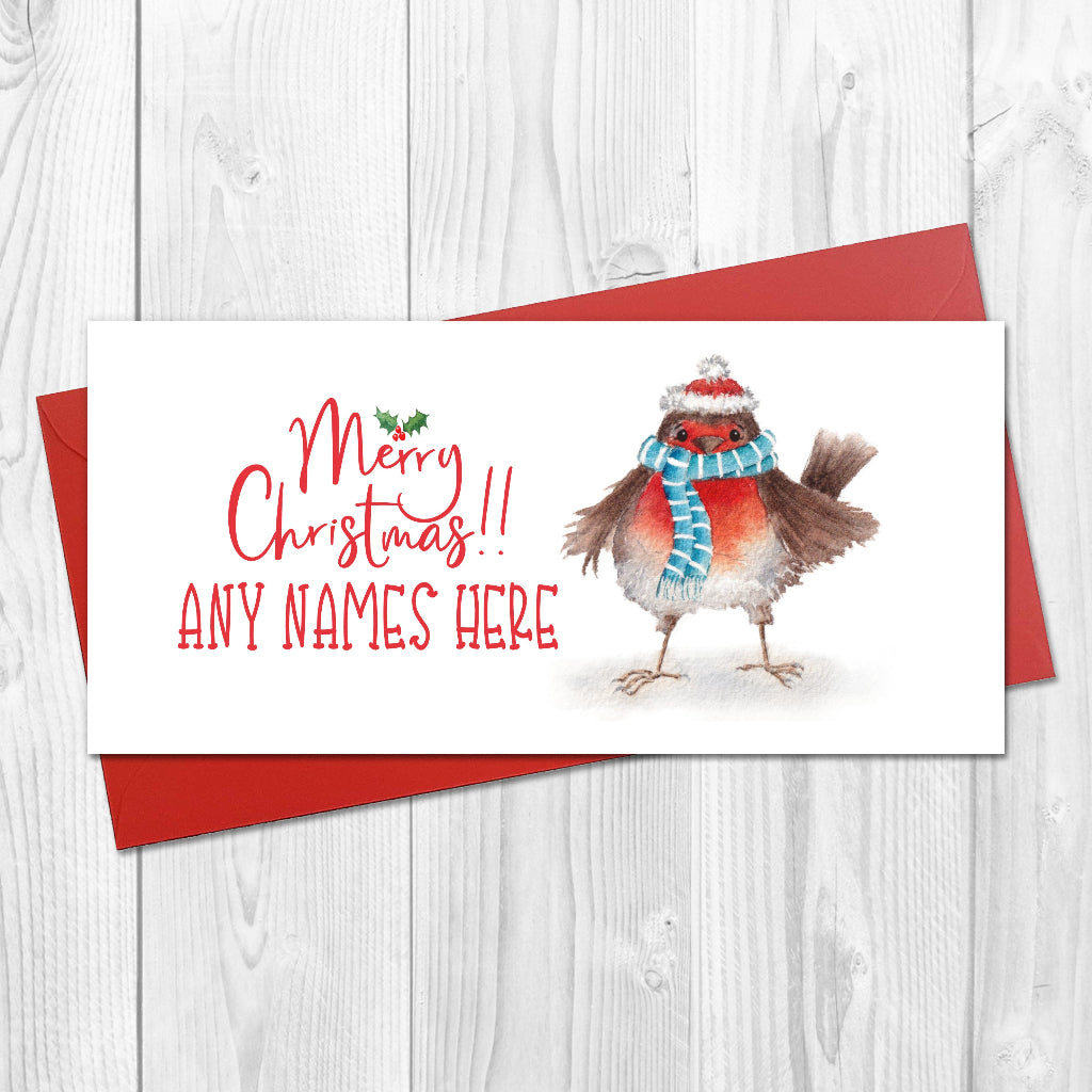 Christmas card with a cute robin wearing a hat and scarf on a white background. Can be personalised on the front with any name