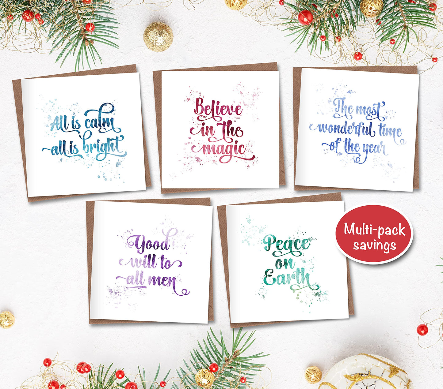 Pack of 5 Modern Christmas Cards with Typographic Quotes in Calligraphy