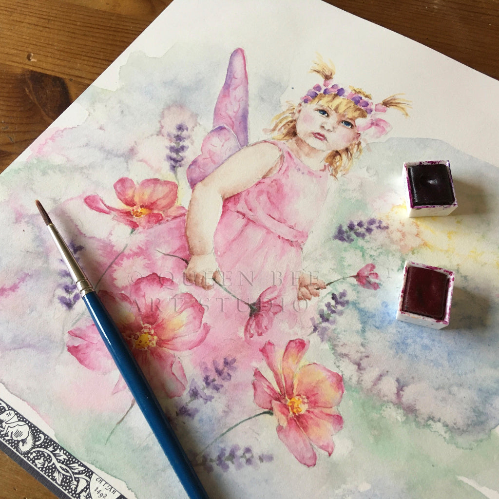 close up of original watercolour painting of flower fairy