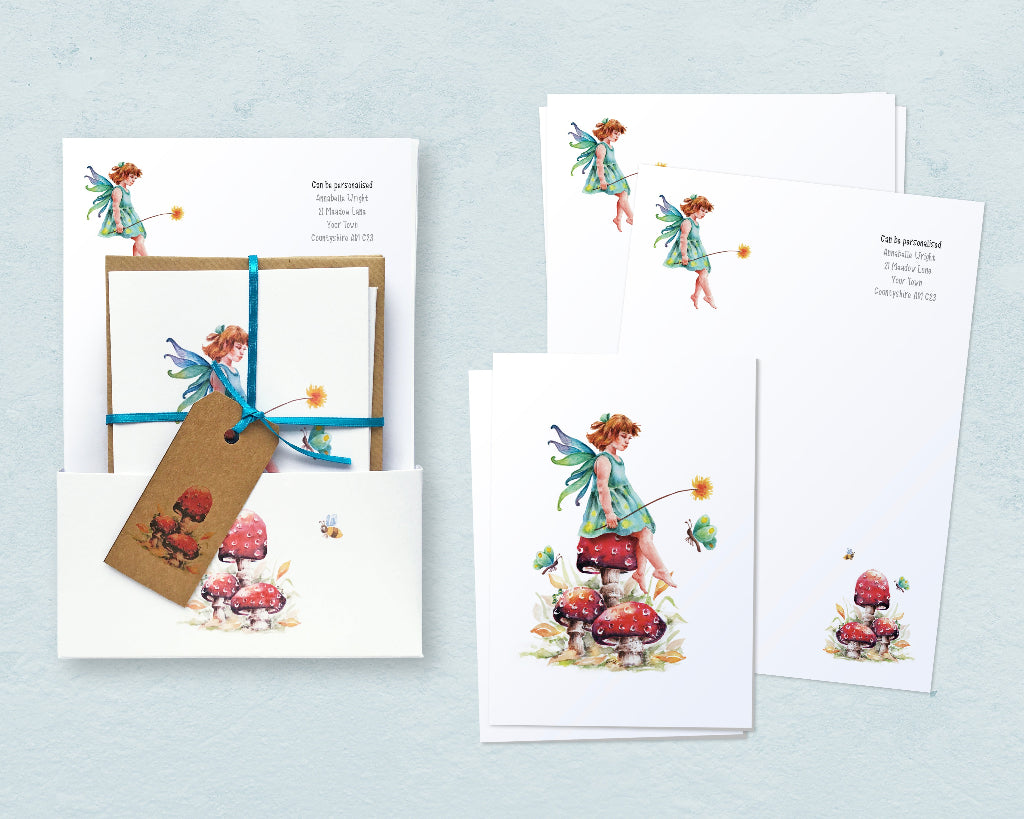 Pretty personalised fairy stationery set with note paper, greeting cards in a presentation gift wallet