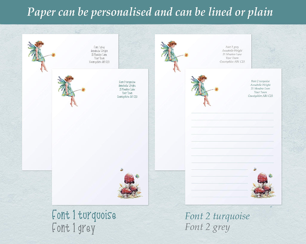 Plain and lined writing paper with details of font and colours for personalisation