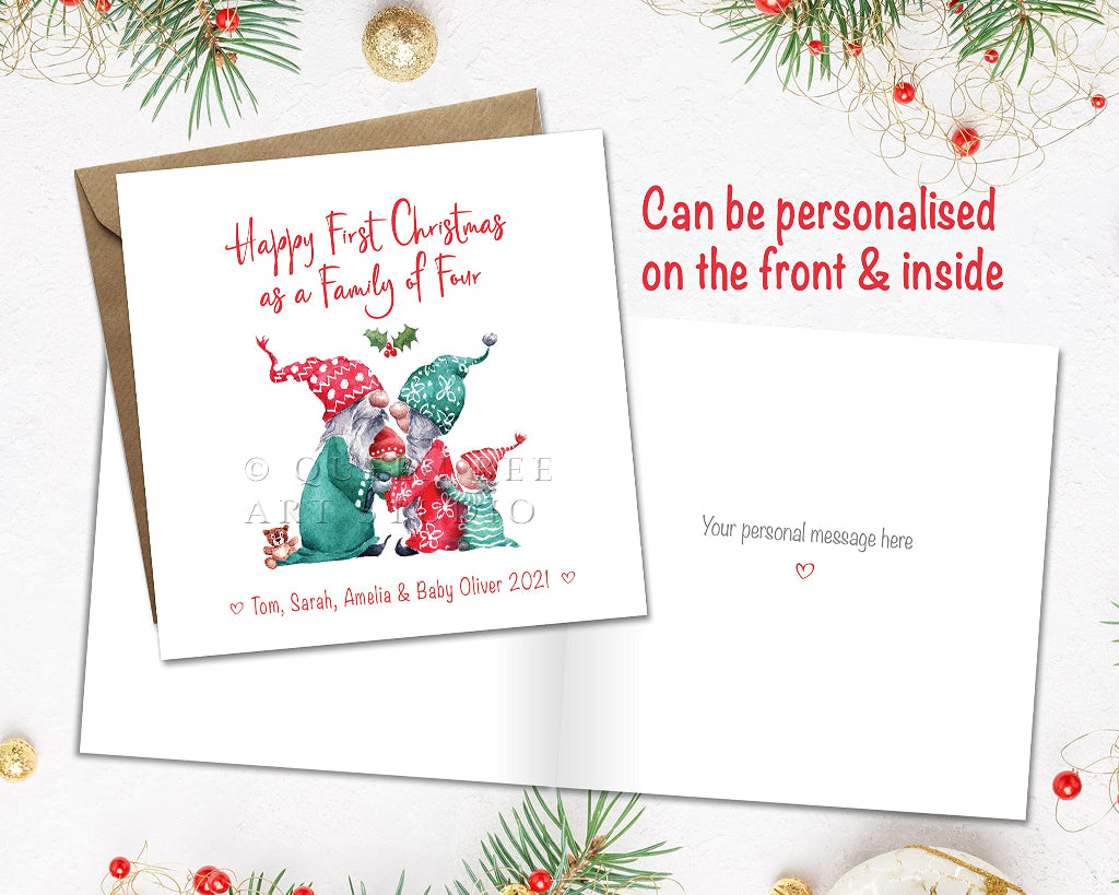 Cute personalised Christmas card for a new family of 4, can be personalised on the front and printed inside