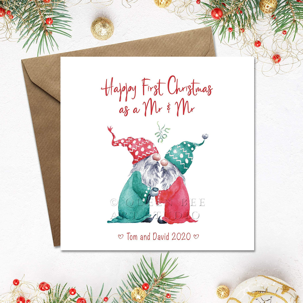 1st christmas as Mr and Mr card with 2 cute gay gnomes, personalised on the front with names and date