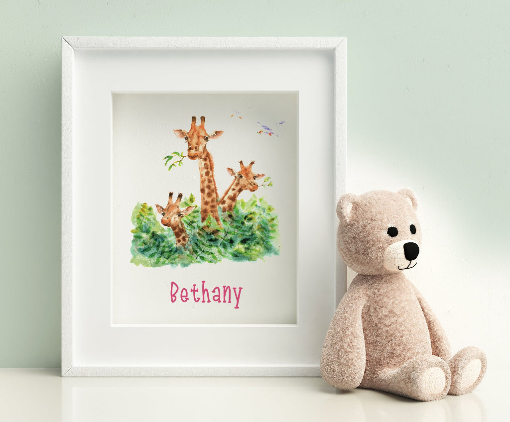 small personalised picture of 3 cute giraffes with name in pink for children's playroom bedroom or nursery