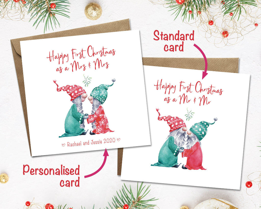 Two Christmas cards with LGBT same sex gnome couples, one personalized and one standard, on a festive background.