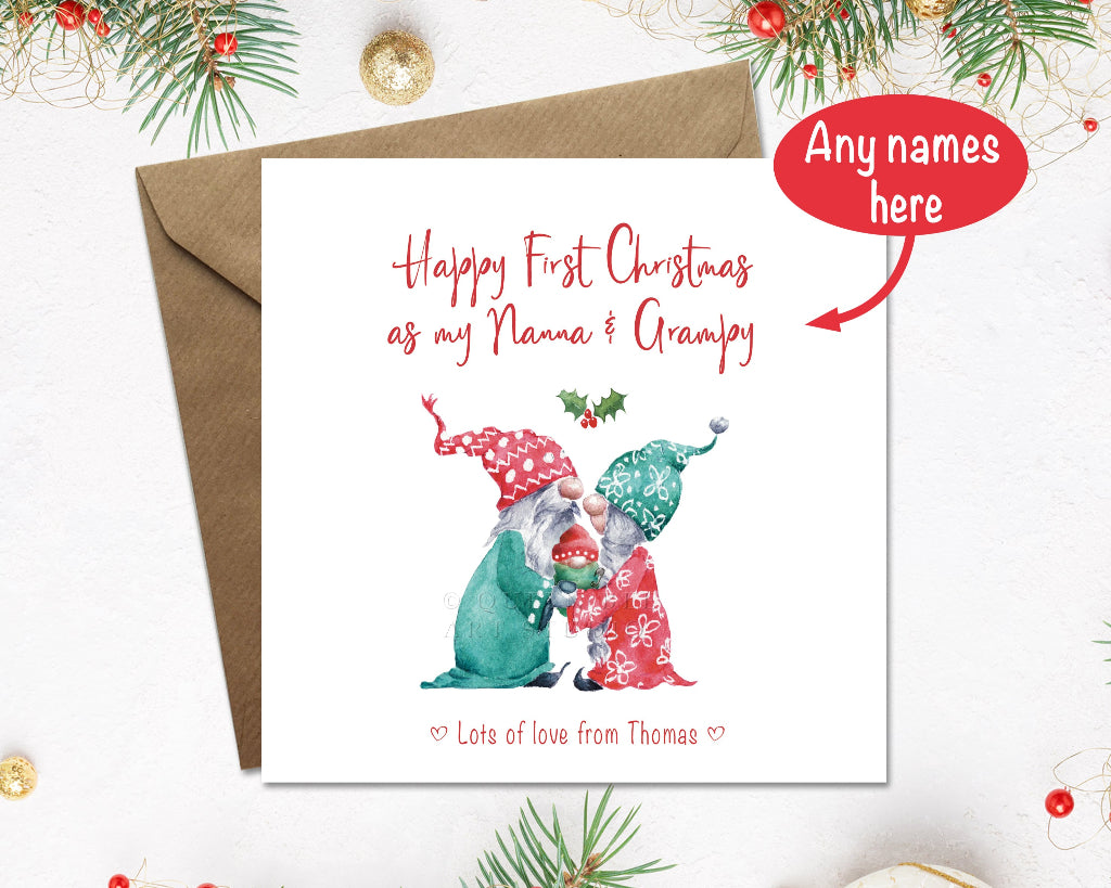 Christmas card with two gnomes hugging a new baby, text 'Happy First Christmas as my Nanna & Grandpa! Love from Thomas', surrounded by festive decorations. Can have any names, so granny, grandad, noni, pops etc