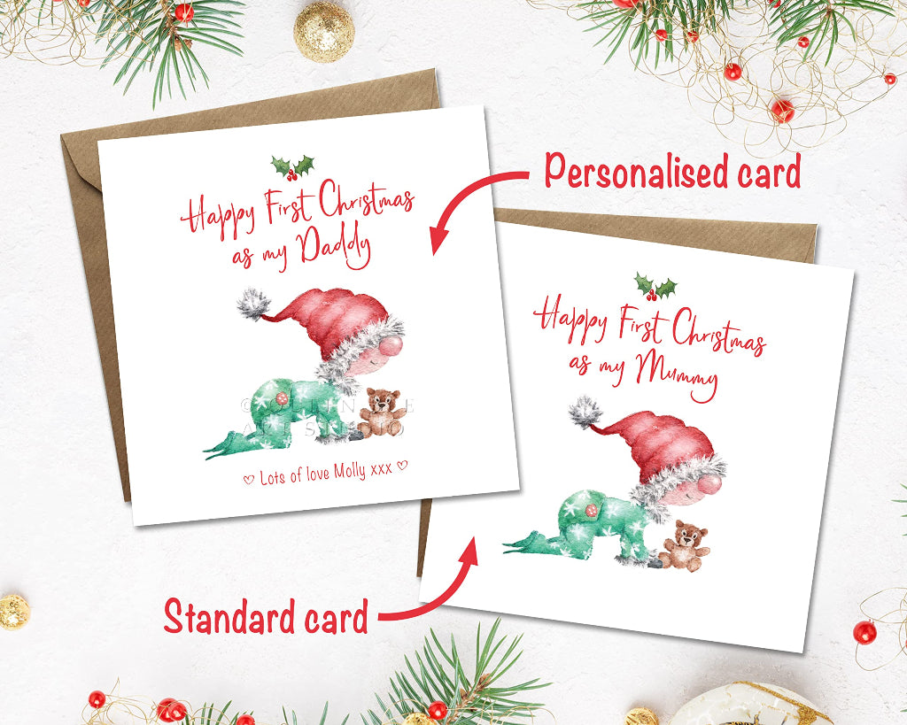 2 1st christmas cards, showing different personalisation options. Card has cute gender neutral baby in santa hat.