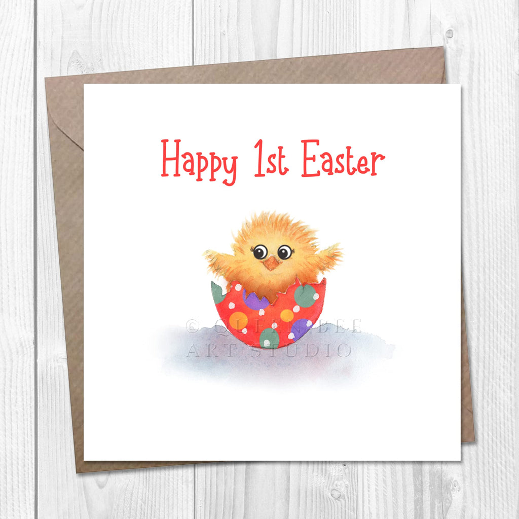 Cute 1st easter card with cartoon chick in a brightly coloured egg and kraft envelope