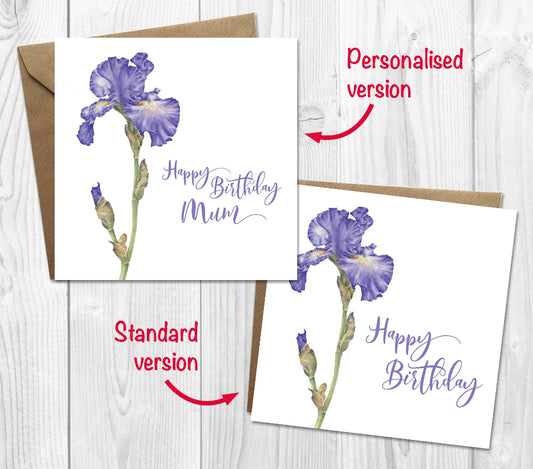 Two happy birthday cards with purple iris on the front, showing personalised greeting to Mum and a standard non-personalised card
