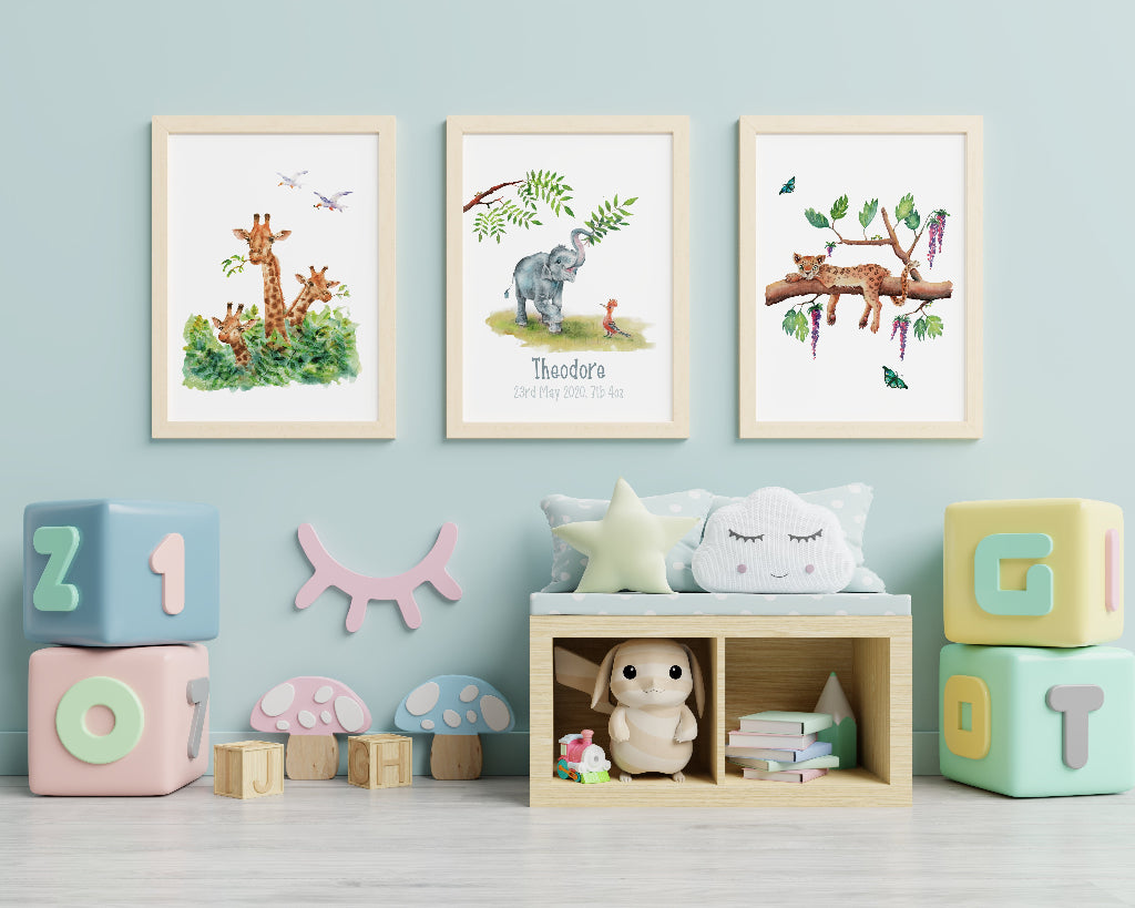 set of 3 framed jungle animal art prints with personalised name & birthday in child's bedroom or nursery
