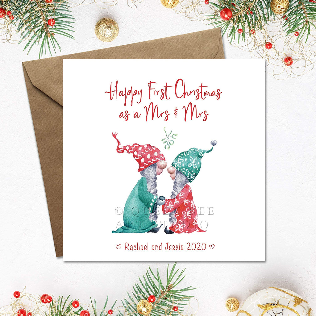 1st christmas as Mrs and Mrs card with cute lesbian gnomes, Card is pesonalised with names and date
