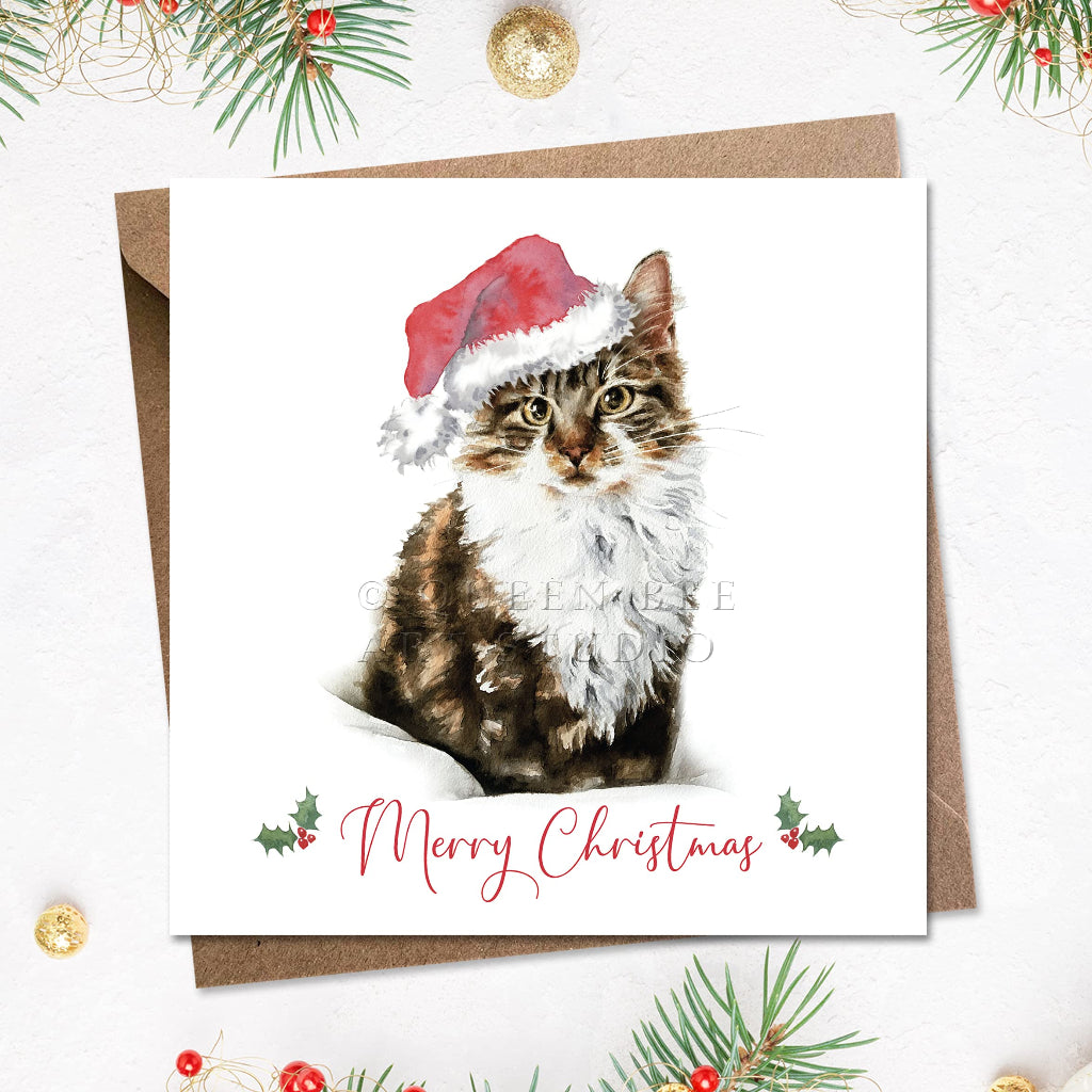 large square merry christmas card with beautiful long haired tabby & white cat on the front