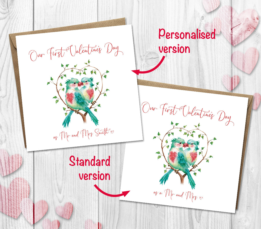Two Valentine's Day cards with birds and hearts on a wooden surface with heart decorations. 1st valentines card as a mr & mrs