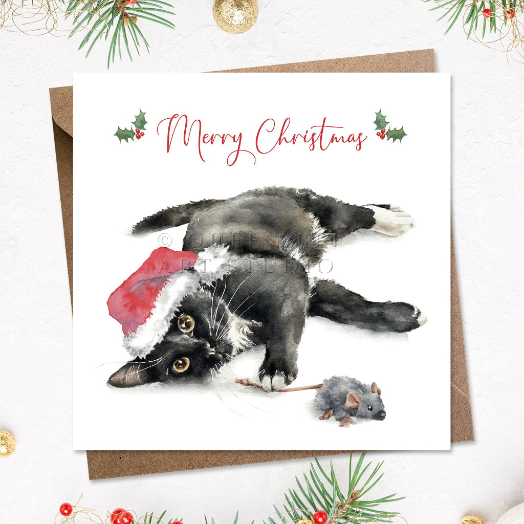 square christmas card with black & white cat in santa hat