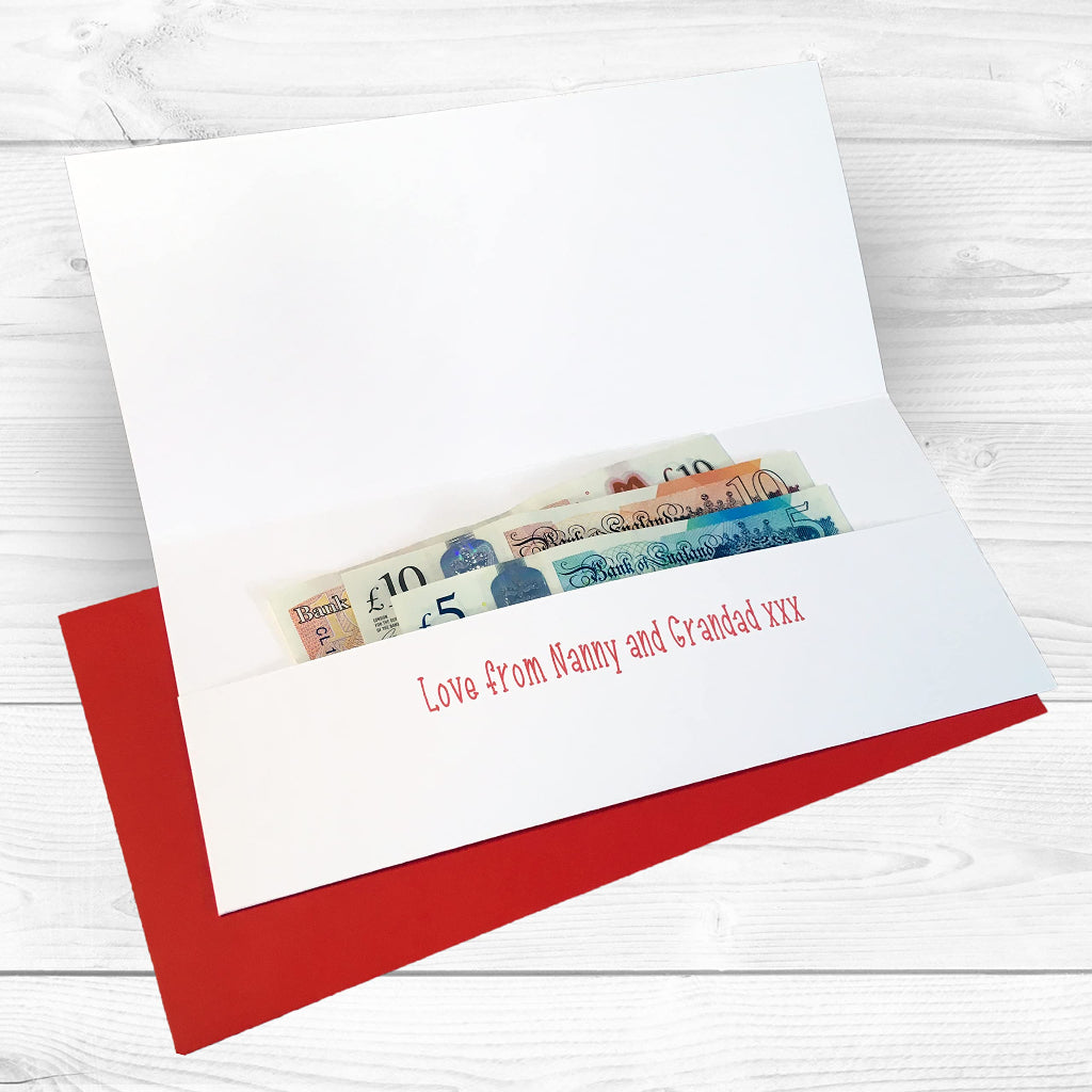 Customised gift wallet greeting card with cash money present, with personalised message printed inside from grandparent, mum dad sister brother son daughter