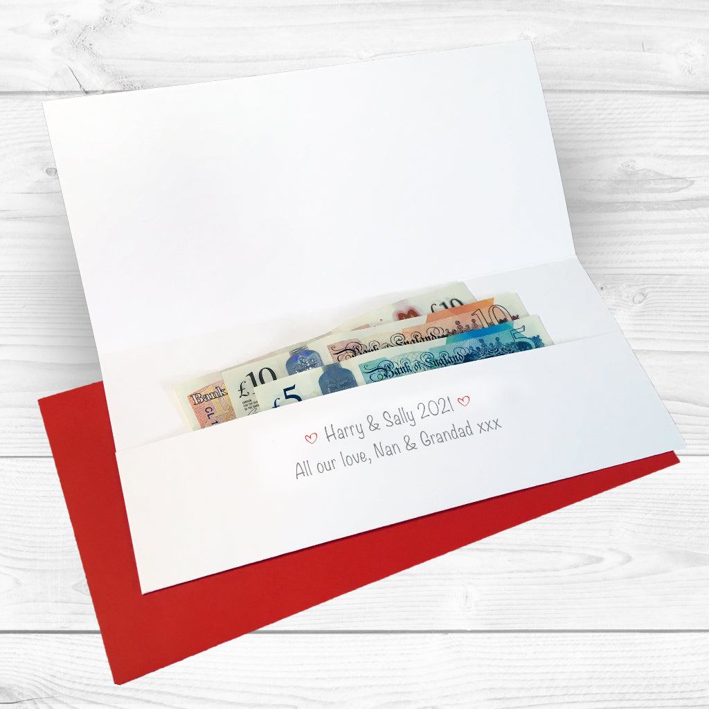 An open Gift money wallet showing cash and bank notes with personalised greeting printed inside