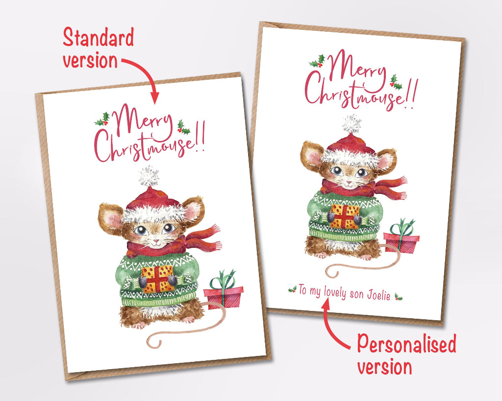 2 cute merry christmouse xmas cards, showing personalised and standard versions