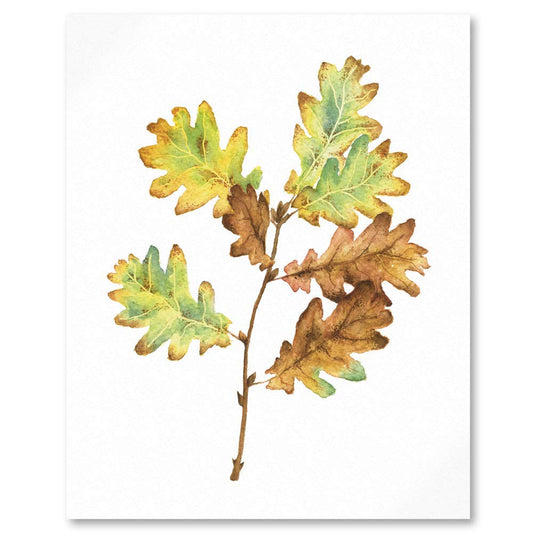 close up of an art print with oak leaves changing to autumn colours in brown, yellow and green