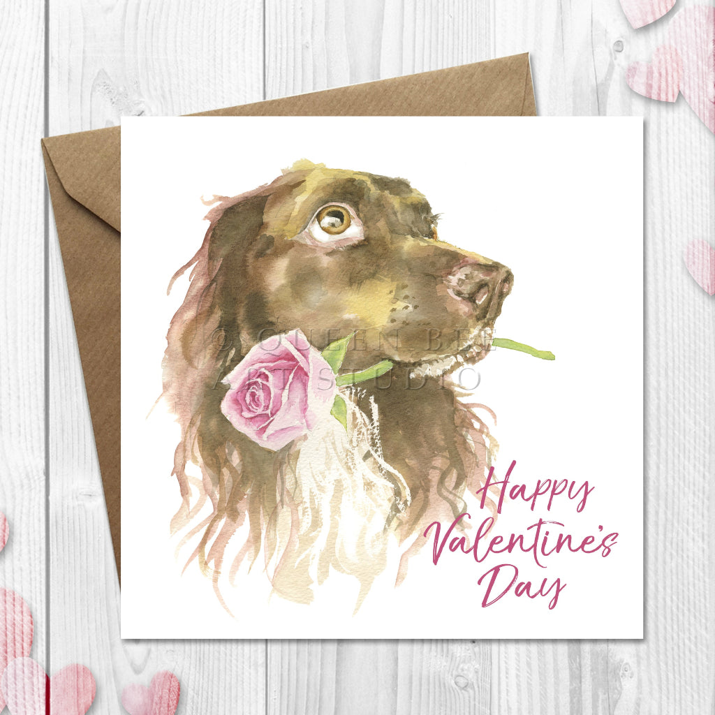 Valentine's Day card with a brown cocker spaniel illustration and 'Happy Valentine's Day' on the front