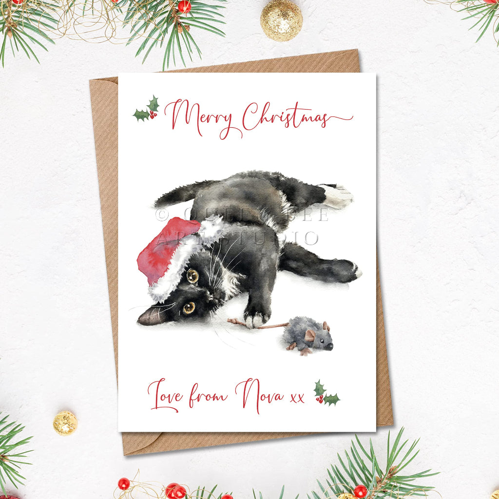 Personalised Merry christmas card from black & white cat