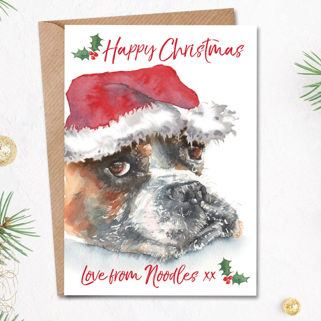 Personalised Christmas card with a cute boxer dog in a santa hat on the front.