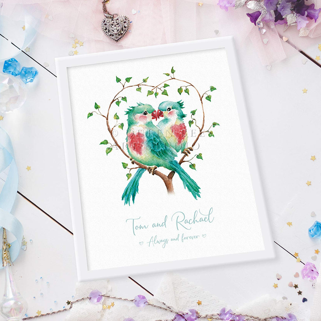 small framed picture with customised sentimental print of 2 lovebirds for wedding or anniversary