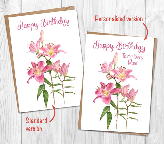 floral pink lily birthday card showing personalisation options