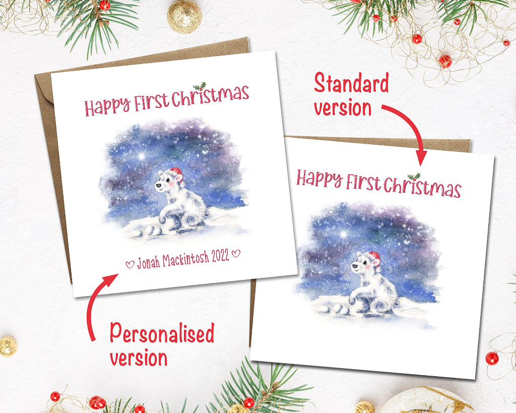 2 sweet christmas cards with polar bear cubs showing different options for personalisation.
