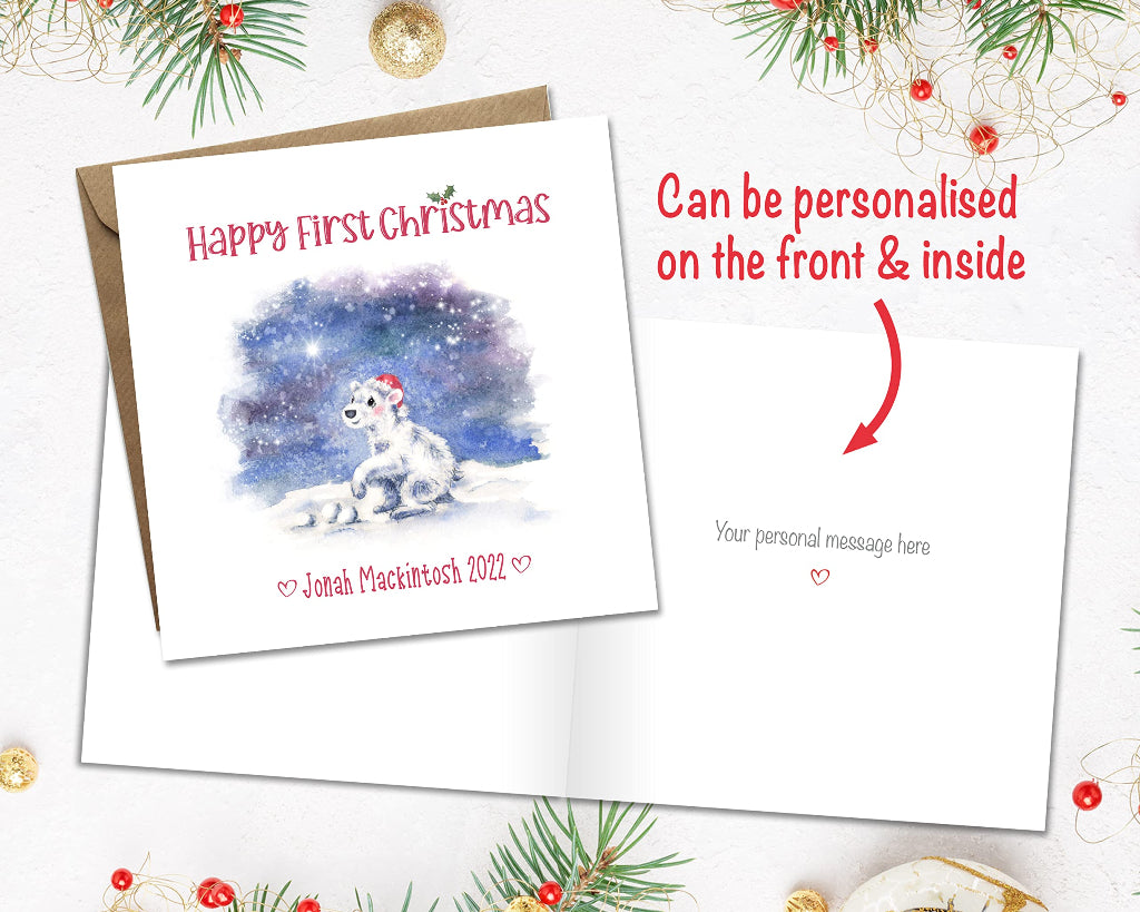Cute 1st christmas card with polar bear on the front. The card can be personalised with baby's name and printed inside with custom greeting