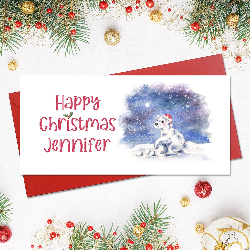 Personalised Christmas card with a cute polar bear playing in snow on front. Comes with red envelope