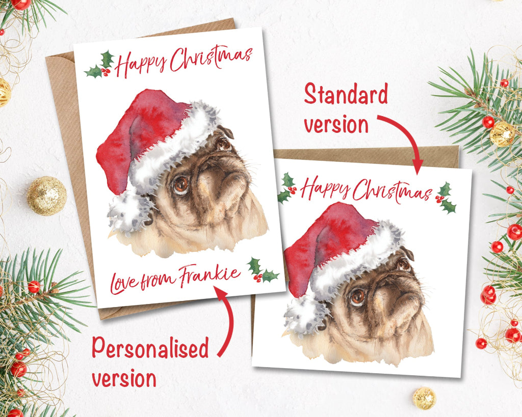 different versions of cute pug christmas cards showing personalised and standard versions