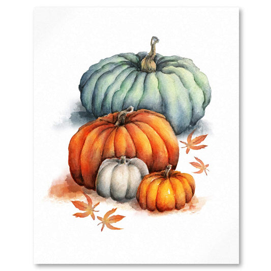 naive watercolour art print of 4 halloween pumpkins in orange cream & greeny blue