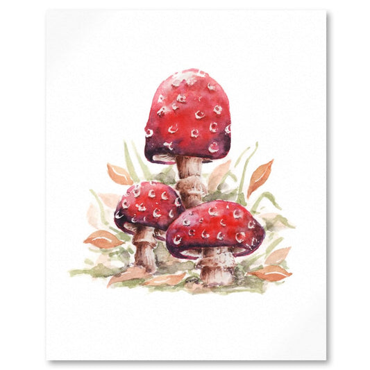 close up of watercolour art print with 3 red fairy mushrooms and autumn leaves