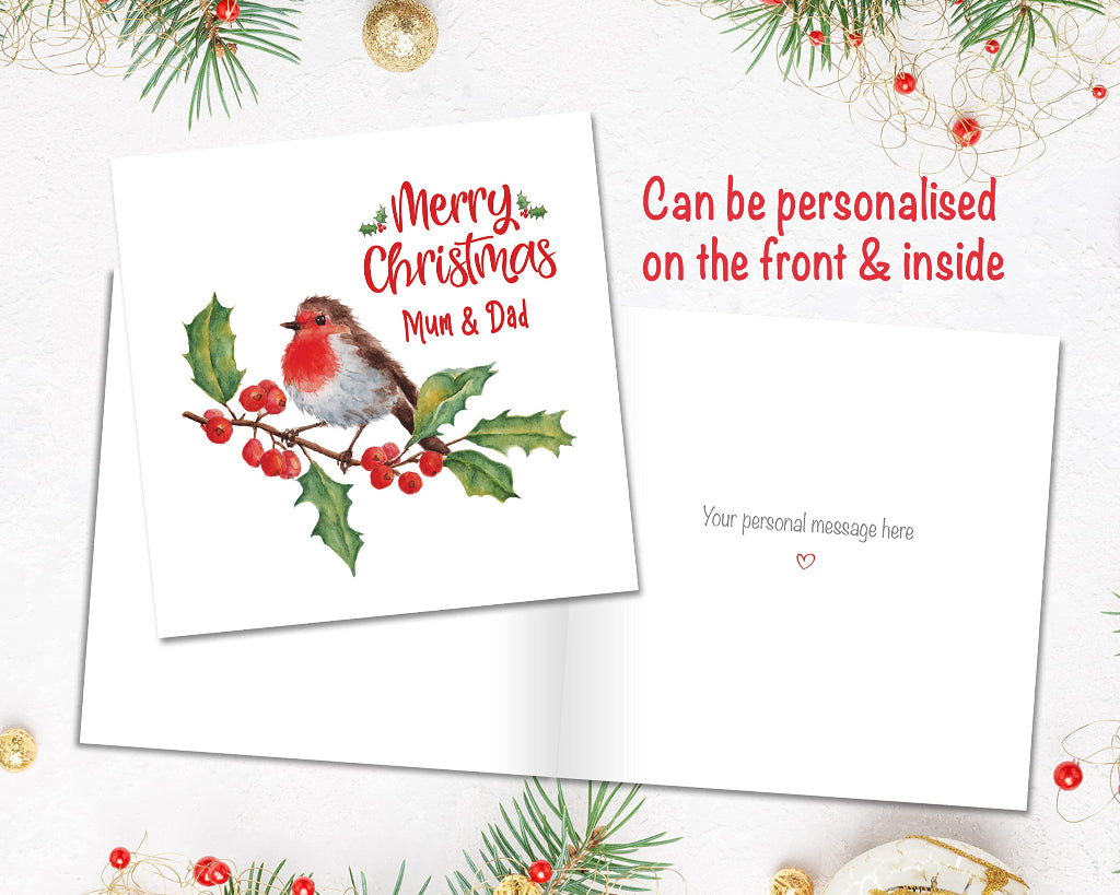 Traditional christmas card with robin and holly, can be personalised on the front and printed inside