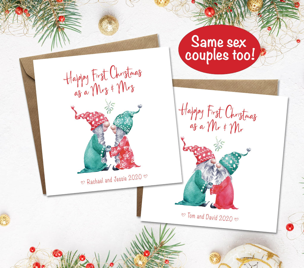 1st christmas married cards as same sex Mr & Mr and Mrs & Mrs with cute lesbian and gay gnomes