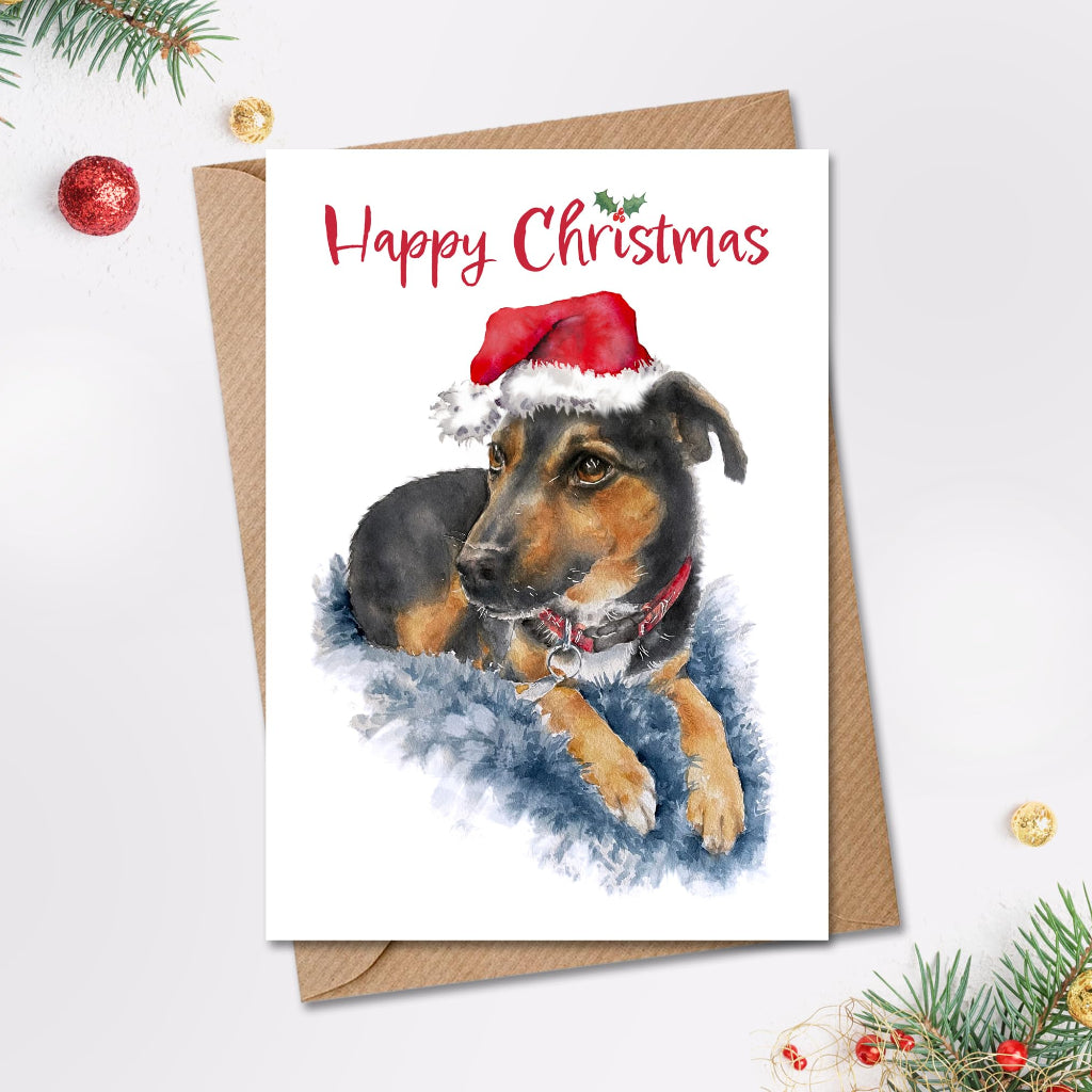 Cute christmas card with a black & tan jack russell terrier with a santa hat on thefront
