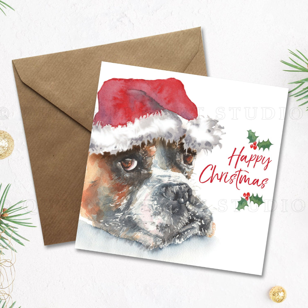 Large square christmas card with cute boxer dog in a santa hat on the front, with brown kraft envelope