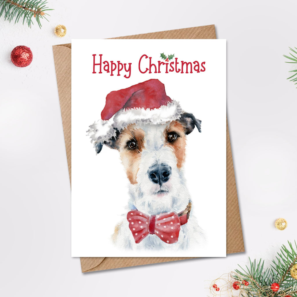 Christmas card with a realistic painting of a white & tan wire haired jack russell terrier on the front