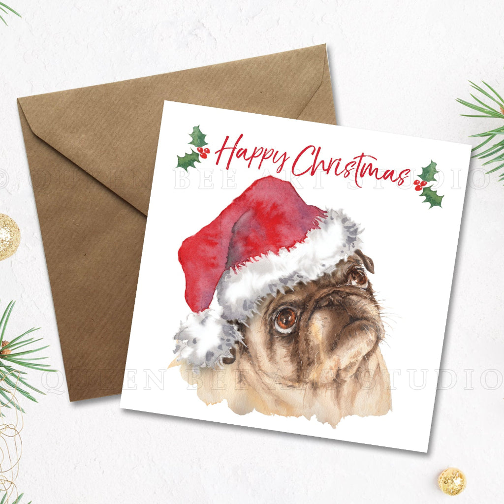 Square happy Christmas card with sweet beige pug with huge puppy dog eyes and kraft envelope