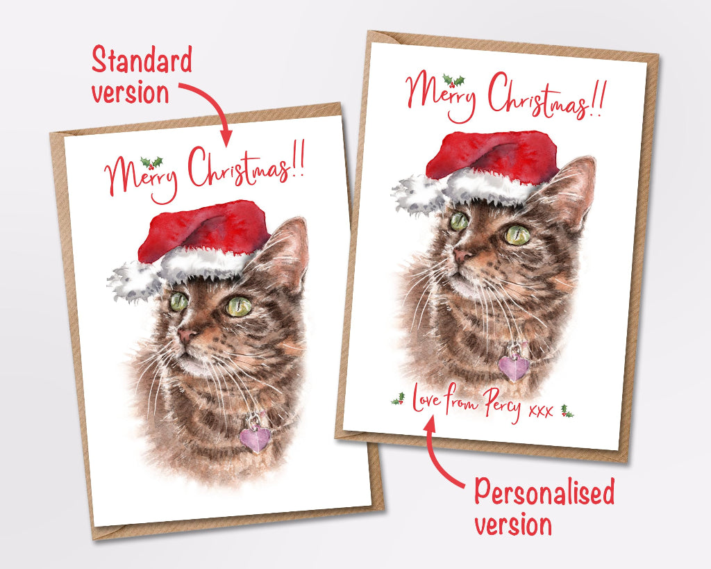 2 christmas cards with cute tabby cat, one is personalised from the cat, and the other is the standard version