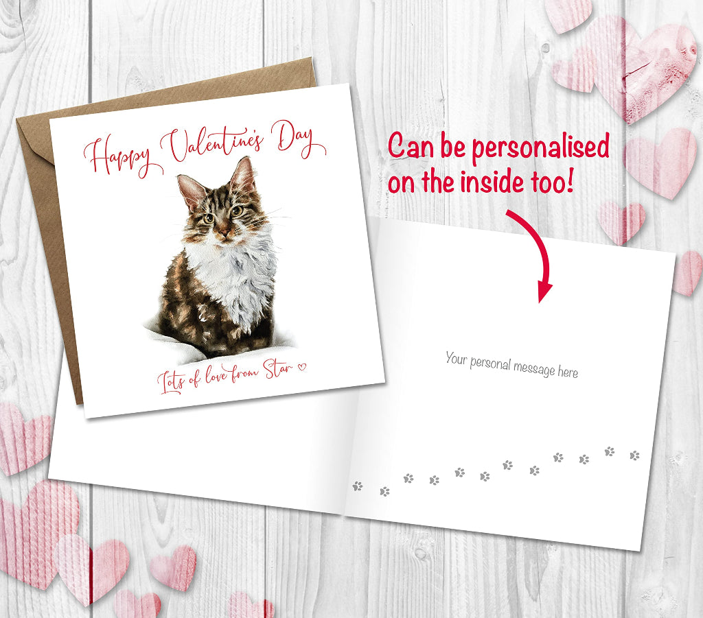 Personalised Valentine's Day card with lovely tabby cat illustration on the front. The card can be personalised inside with your custom message printed inside.