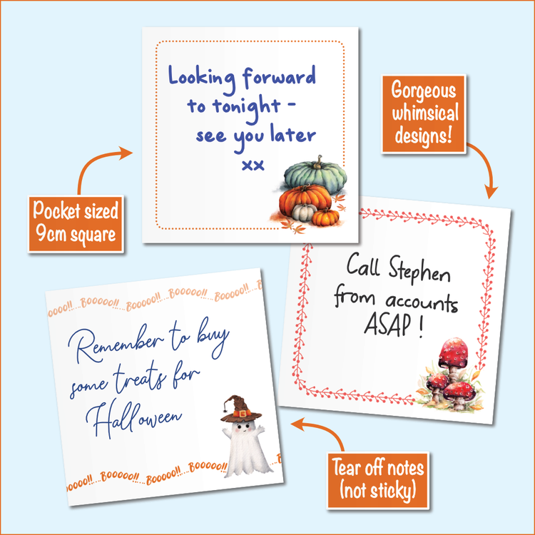 Three Halloween-themed pocket-sized notepads, each measuring 9cm square, with tear-off sheets and whimsical designs including pumpkins, a ghost in a witch's hat and magical mushrooms. Shown on a light blue background with orange callout boxes.
