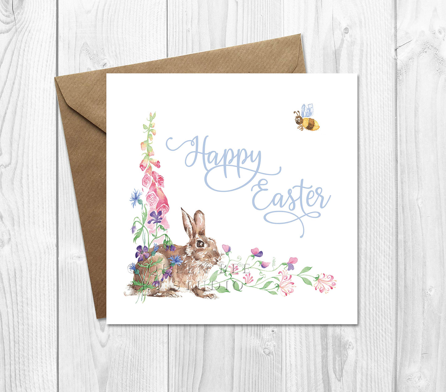 Personalised Easter card for granddaughter with Easter bunny, floral Easter rabbit card for child, custom greeting card with spring flowers
