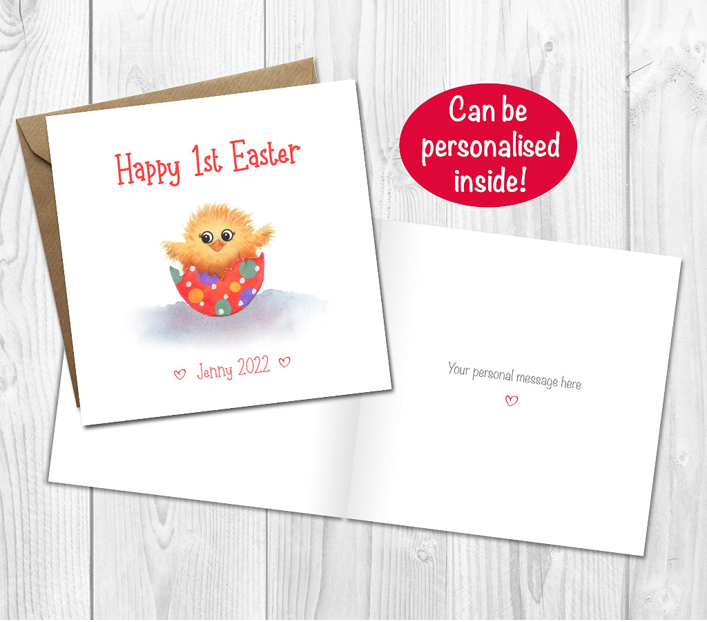 Happy 1st Easter card with a cute fluffy chick on the front. The card can be personalised on the front and printed inside