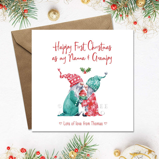 Happy 1st Christmas as Nanna and grandad card, personalised from new baby grandson or granddaughter. The card has a cute gnomes cuddling a new baby on the front