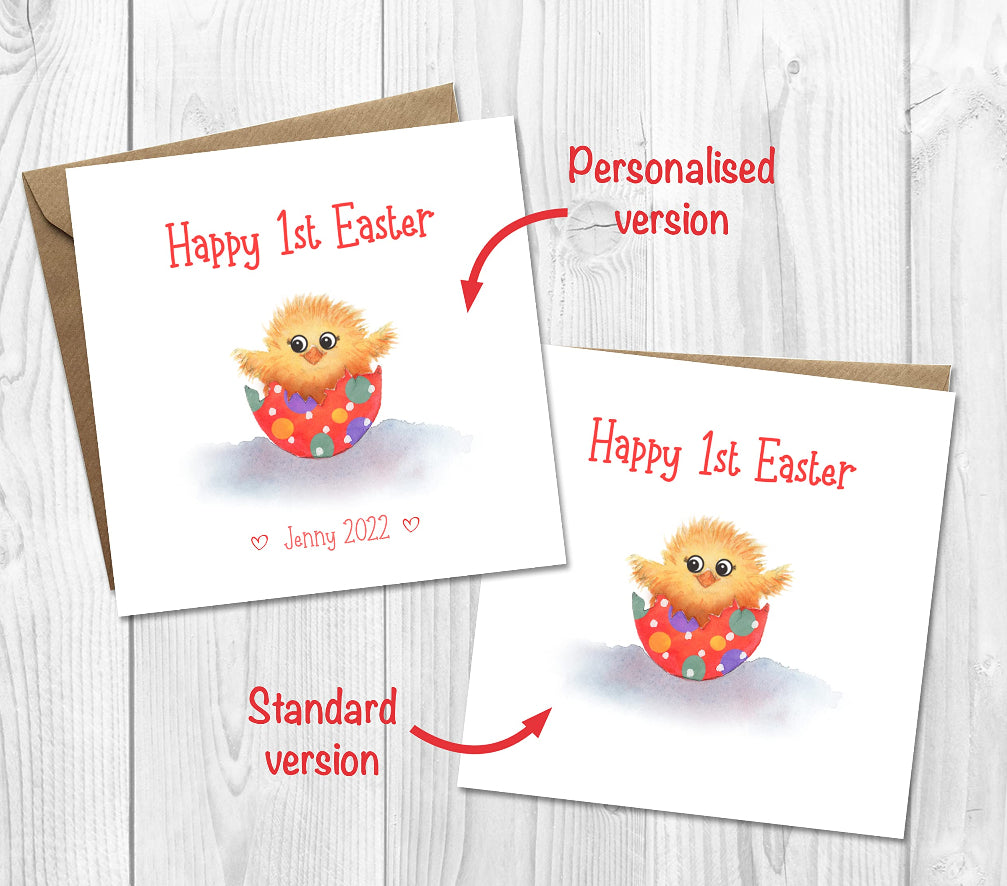 2 happy 1st easter cards with cute fluffy chick in an easter egg, one card is personalised