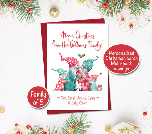 Pack of 6 Personalised Gonk Christmas Cards from a Family of 5