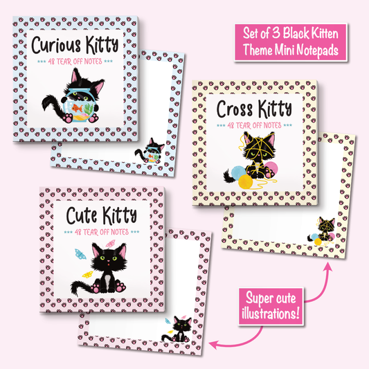 Three mini notepad sets featuring black kitten illustrations and pink text boxes on a pale pink background. The top-right pink label reads 'Set of 3 Black Kitten Theme Mini Notepads' and the bottom-right pink label reads 'Super cute illustrations!'.