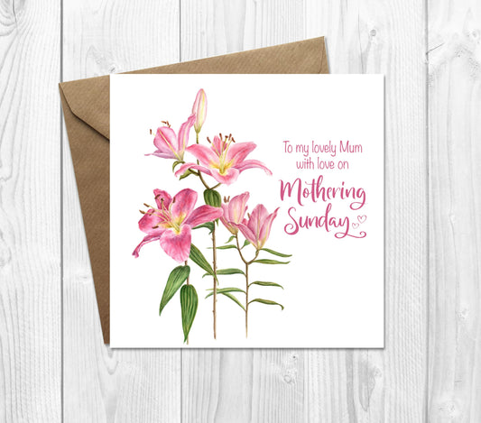 Mothering Sunday Card with Pink Lilies