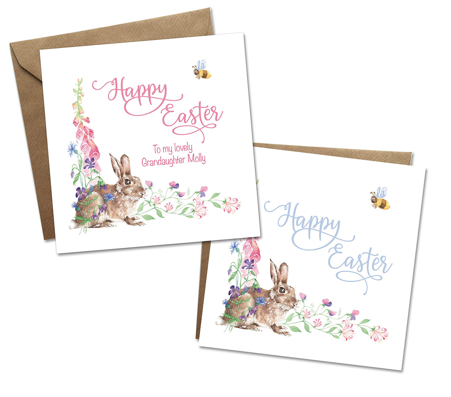 Personalised Easter card for granddaughter with Easter bunny, floral Easter rabbit card for child, custom greeting card with spring flowers